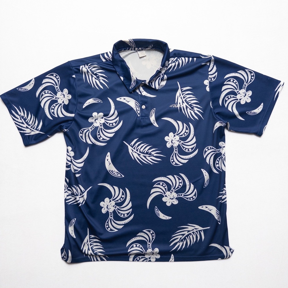 Palmwave Hawaii Polo Shirt Mens L Blue White Tropical Floral